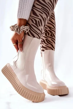 Wysokie Lakierowane Botki Na Platformie Beżowe Sereia