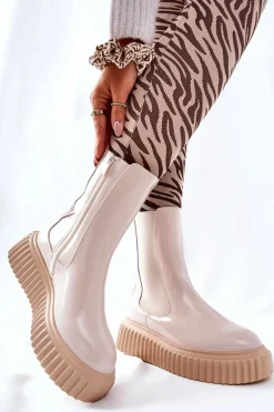 Wysokie Lakierowane Botki Na Platformie Beżowe Sereia