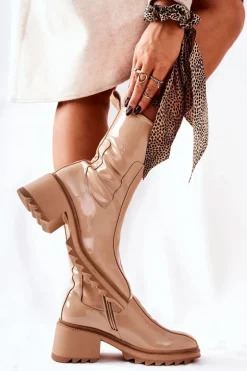 Wysokie Lakierowane Botki Na Obcasie Beżowe Merelien