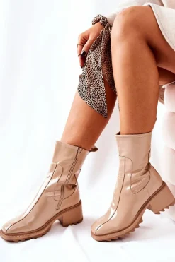Wysokie Lakierowane Botki Na Obcasie Beżowe Merelien