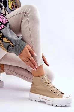 Wysokie Materiałowe Trampki Na Platformie Big Star LL274160 Beżowe