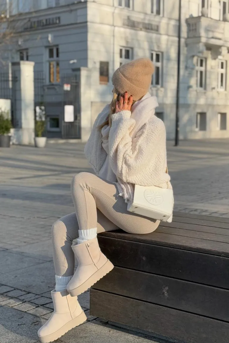 Wysokie Śniegowce Damskie Na Platformie Big Star OO274897 Jasnobeżowe