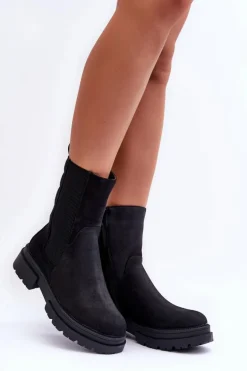 Wysokie Ocieplane Botki Sztyblety Wsuwane Nubuk Czarne Milca