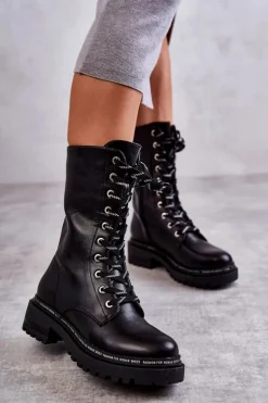 Wysokie Ocieplane Damskie Botki Wiązane Czarne Darla