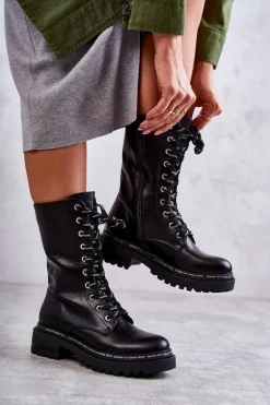 Wysokie Ocieplane Damskie Botki Wiązane Czarne Darla