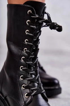 Wysokie Ocieplane Damskie Botki Wiązane Czarne Darla