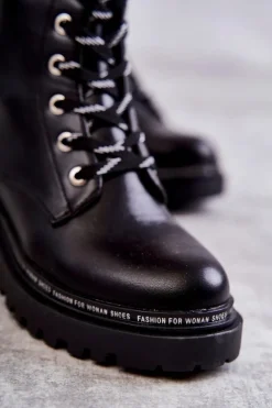 Wysokie Ocieplane Damskie Botki Wiązane Czarne Darla