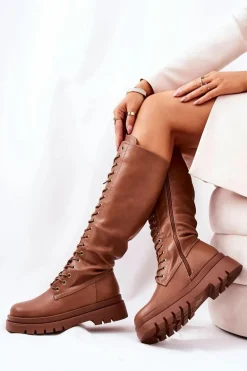Wysokie Ocieplane Wiązane Kozaki Camel Kannies