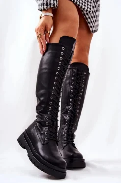 Wysokie Ocieplane Wiązane Kozaki Czarne Kannies