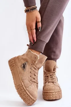 Wysokie Ocieplane Zamszowe Trampki Beżowe Evren