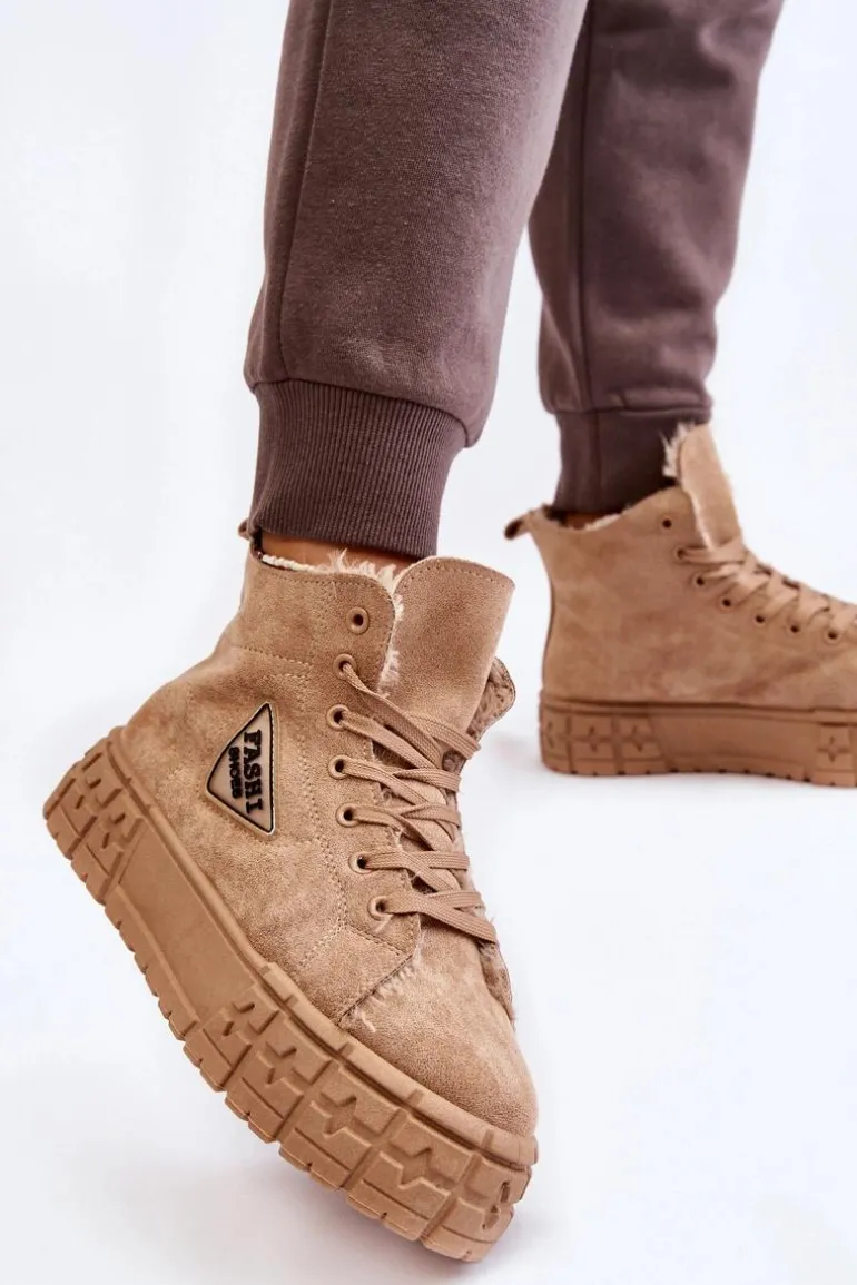 Wysokie Ocieplane Zamszowe Trampki Beżowe Evren