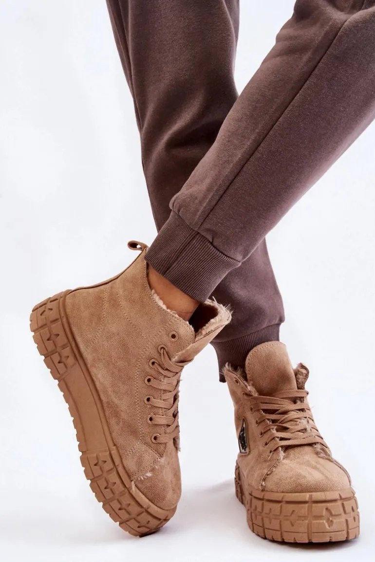 Wysokie Ocieplane Zamszowe Trampki Beżowe Evren