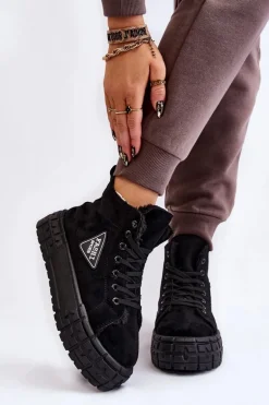 Wysokie Ocieplane Zamszowe Trampki Czarne Evren