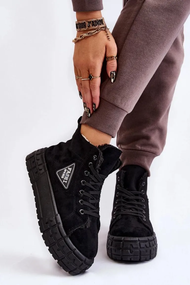 Wysokie Ocieplane Zamszowe Trampki Czarne Evren