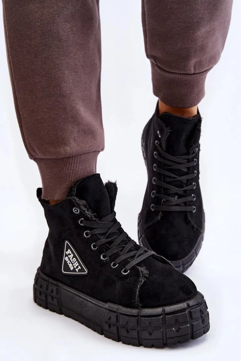 Wysokie Ocieplane Zamszowe Trampki Czarne Evren