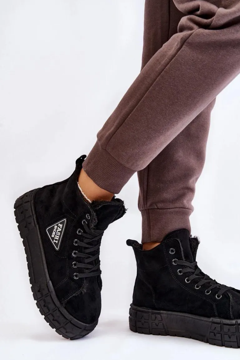 Wysokie Ocieplane Zamszowe Trampki Czarne Evren