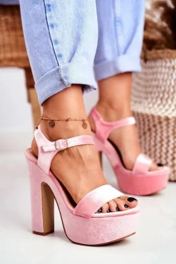 Wysokie Różowe Sandały na Słupku Welur HighShoes