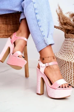 Wysokie Różowe Sandały na Słupku Welur HighShoes