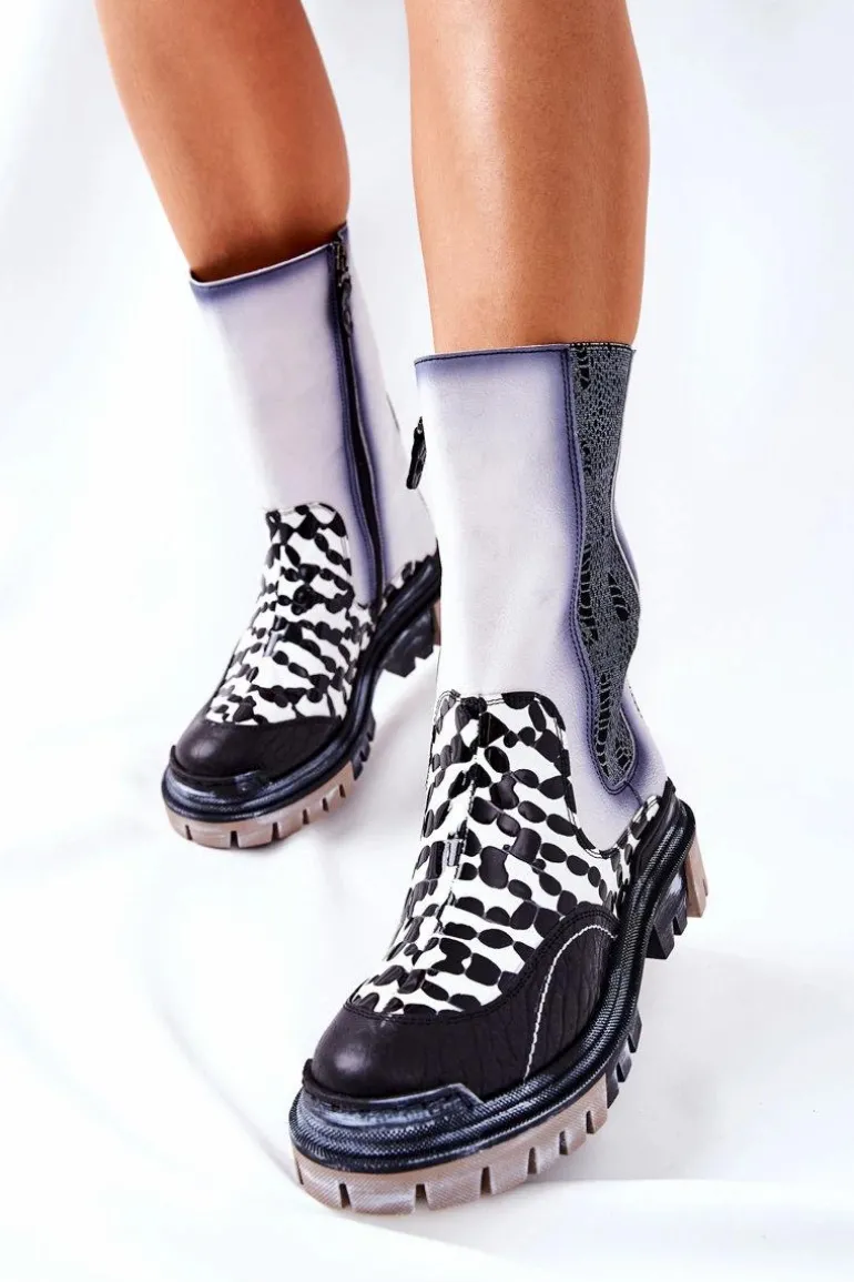 Wysokie Skórzane Botki Maciejka Czarno-Białe 05141-11