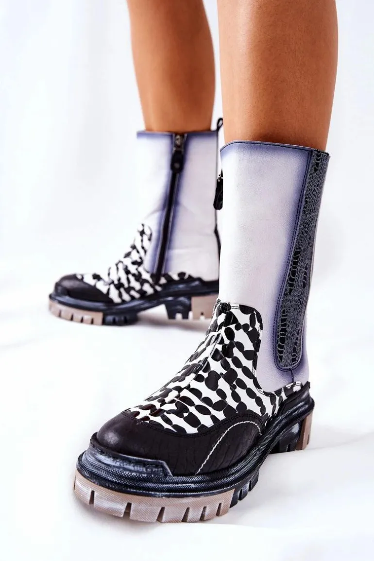 Wysokie Skórzane Botki Maciejka Czarno-Białe 05141-11