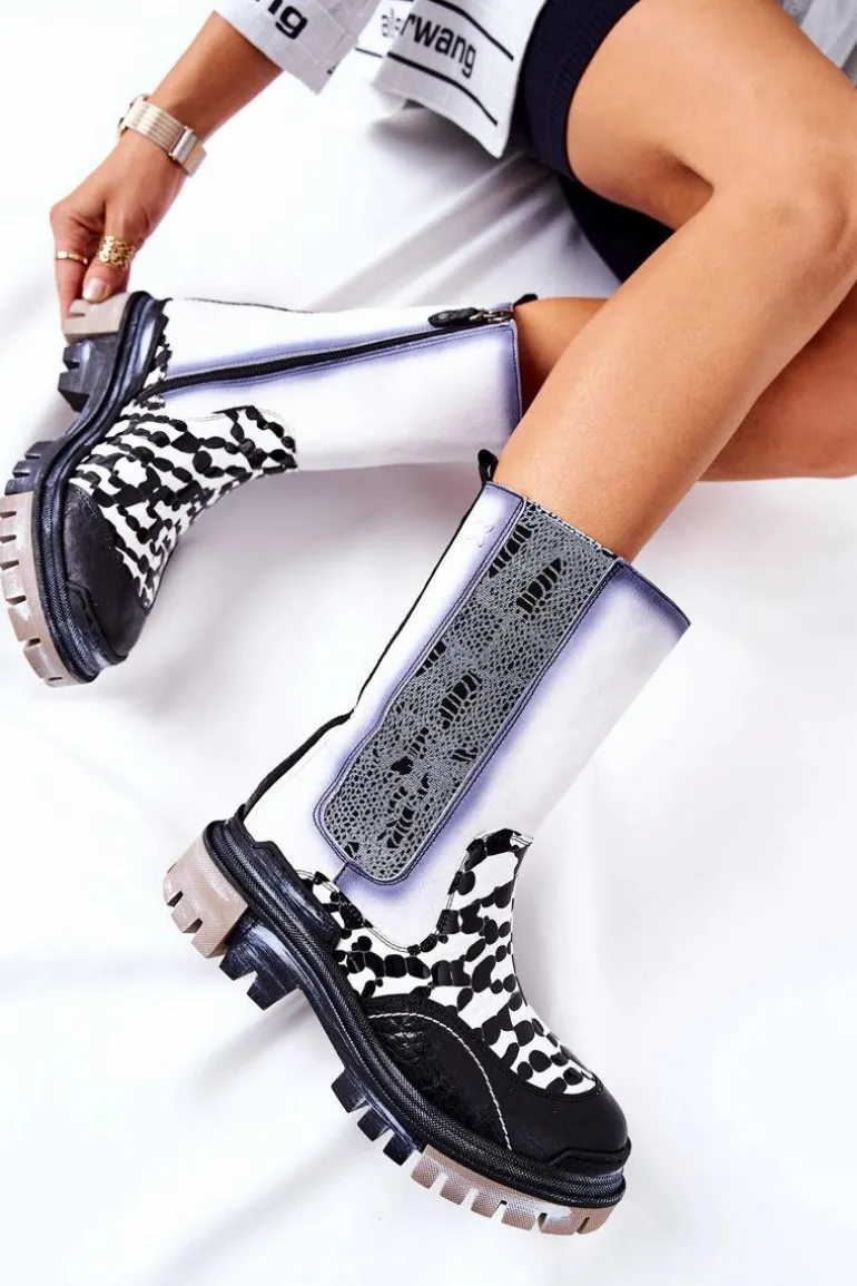 Wysokie Skórzane Botki Maciejka Czarno-Białe 05141-11