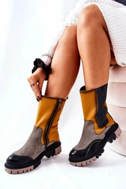 Wysokie Skórzane Botki Maciejka Żółto-Szare 05141-07