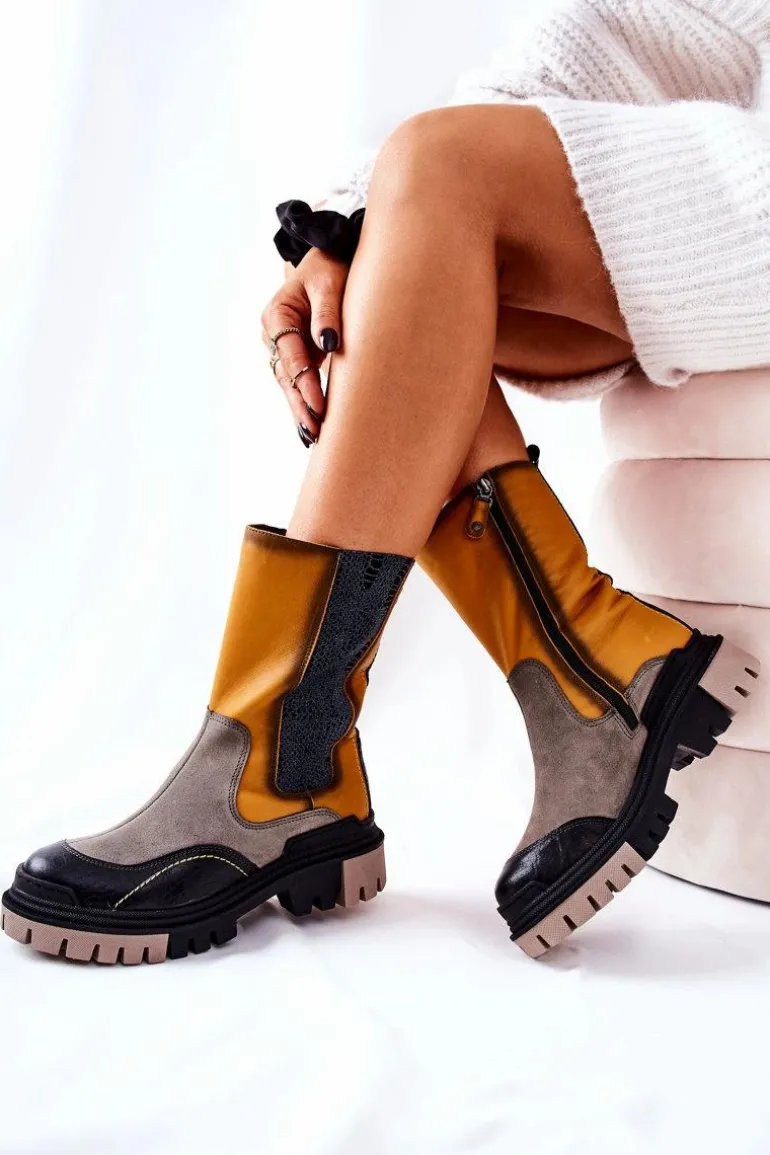 Wysokie Skórzane Botki Maciejka Żółto-Szare 05141-07