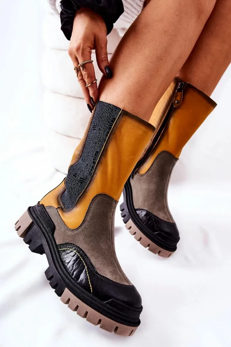 Wysokie Skórzane Botki Maciejka Żółto-Szare 05141-07