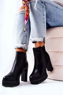 Wysokie Skórzane Botki Na Słupku Czarne Diomice