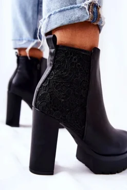 Wysokie Skórzane Botki Na Słupku Czarne Diomice