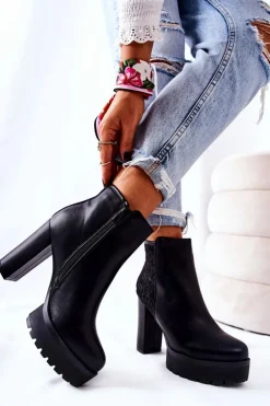 Wysokie Skórzane Botki Na Słupku Czarne Diomice