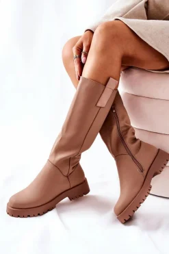 Wysokie Skórzane Kozaki Beżowe Trishia