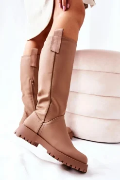 Wysokie Skórzane Kozaki Beżowe Trishia