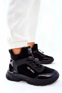 Wysokie Skórzane Ocieplane Buty Sportowe Czarne Merit