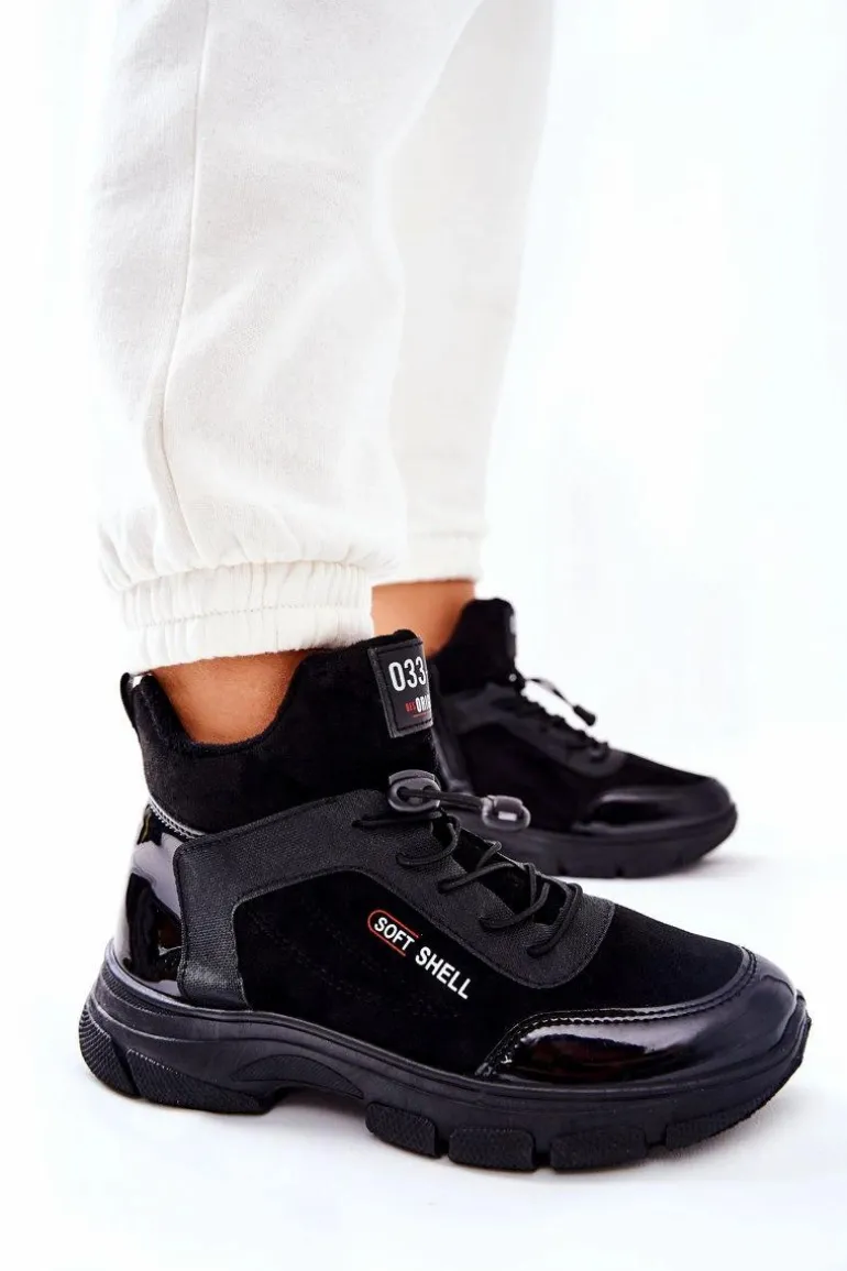 Wysokie Skórzane Ocieplane Buty Sportowe Czarne Merit