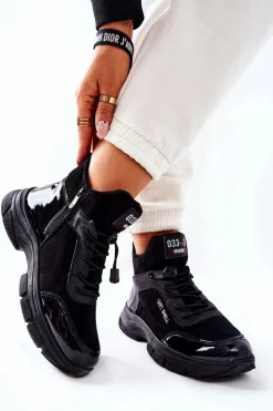 Wysokie Skórzane Ocieplane Buty Sportowe Czarne Merit