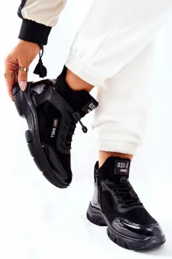 Wysokie Skórzane Ocieplane Buty Sportowe Czarne Merit