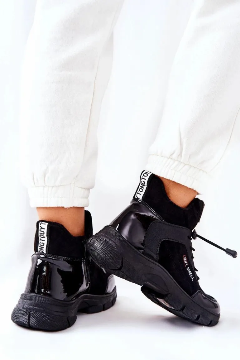 Wysokie Skórzane Ocieplane Buty Sportowe Czarne Merit