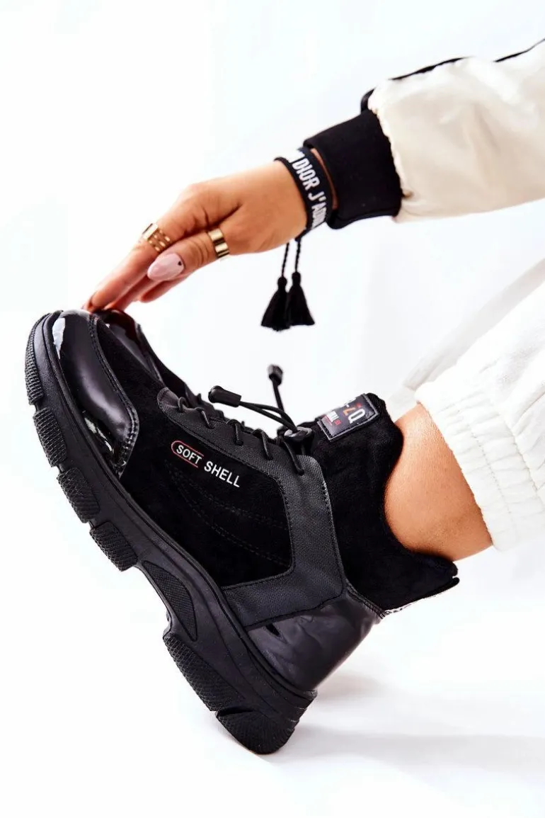 Wysokie Skórzane Ocieplane Buty Sportowe Czarne Merit