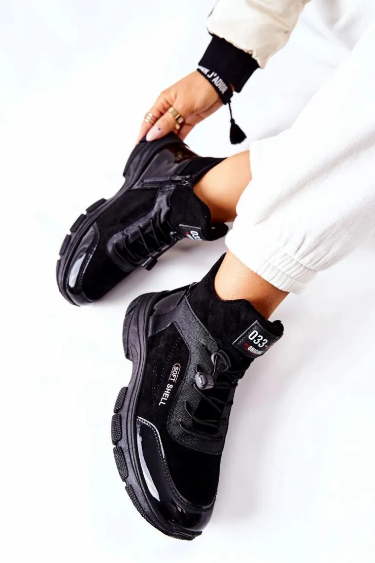 Wysokie Skórzane Ocieplane Buty Sportowe Czarne Merit