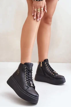Wysokie Skórzane Sneakersy Damskie Na Platformie Vinceza 66707 Czarne