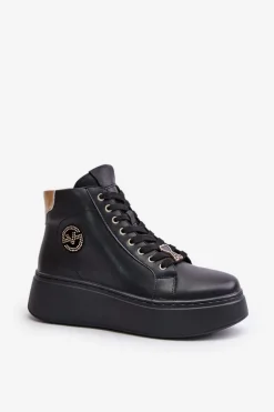 Wysokie Skórzane Sneakersy Damskie Na Platformie Vinceza 66707 Czarne