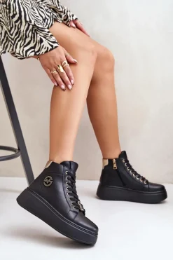 Wysokie Skórzane Sneakersy Damskie Na Platformie Vinceza 66707 Czarne