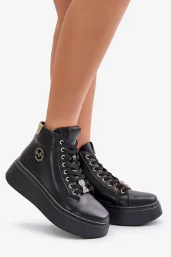 Wysokie Skórzane Sneakersy Damskie Na Platformie Vinceza 66707 Czarne