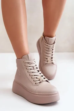 Wysokie Skórzane Sneakersy Damskie Na Platformie Vinceza 66707 Beżowe