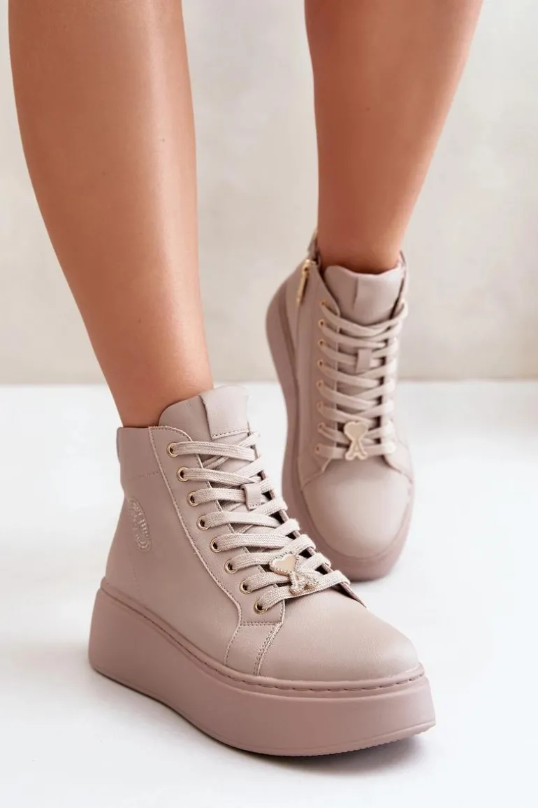 Wysokie Skórzane Sneakersy Damskie Na Platformie Vinceza 66707 Beżowe