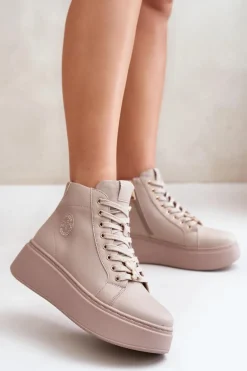 Wysokie Skórzane Sneakersy Damskie Na Platformie Vinceza 66707 Beżowe
