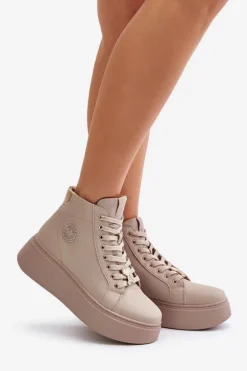 Wysokie Skórzane Sneakersy Damskie Na Platformie Vinceza 66707 Beżowe