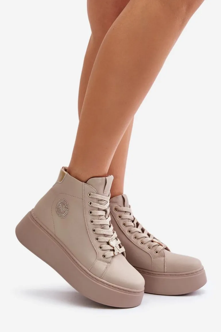 Wysokie Skórzane Sneakersy Damskie Na Platformie Vinceza 66707 Beżowe