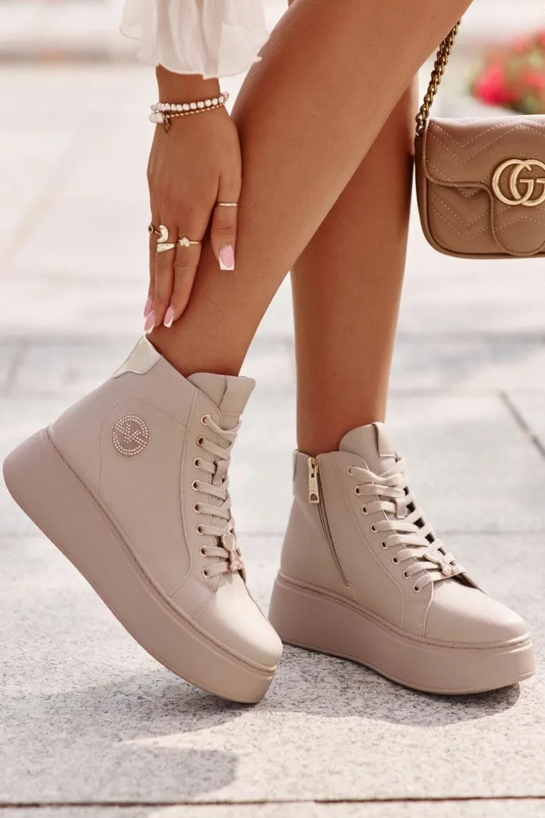 Wysokie Skórzane Sneakersy Damskie Na Platformie Vinceza 66707 Beżowe